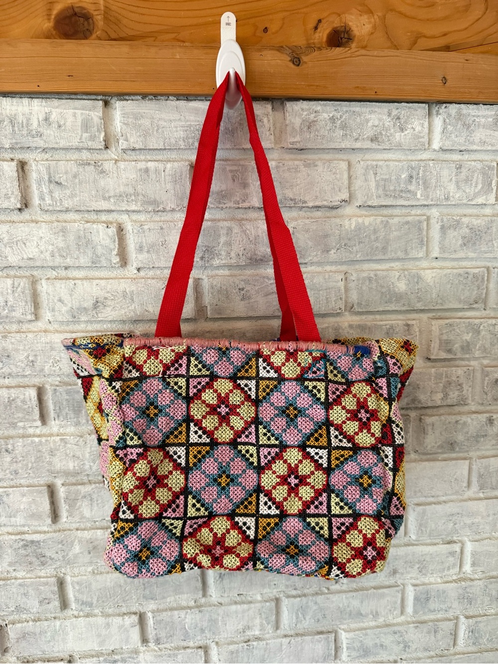 Colorful homemade Crochet Tote Bag with Red Straps